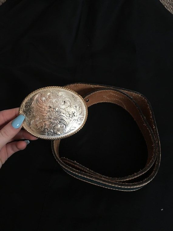 Vintage Wrangler Brown Leather Belt with Green De… - image 1