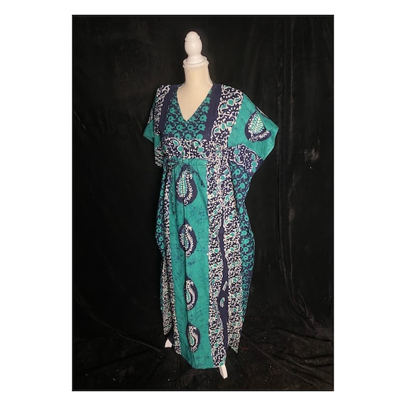 Vintage 1990’s aqua blue and white batik kaftan d… - image 1