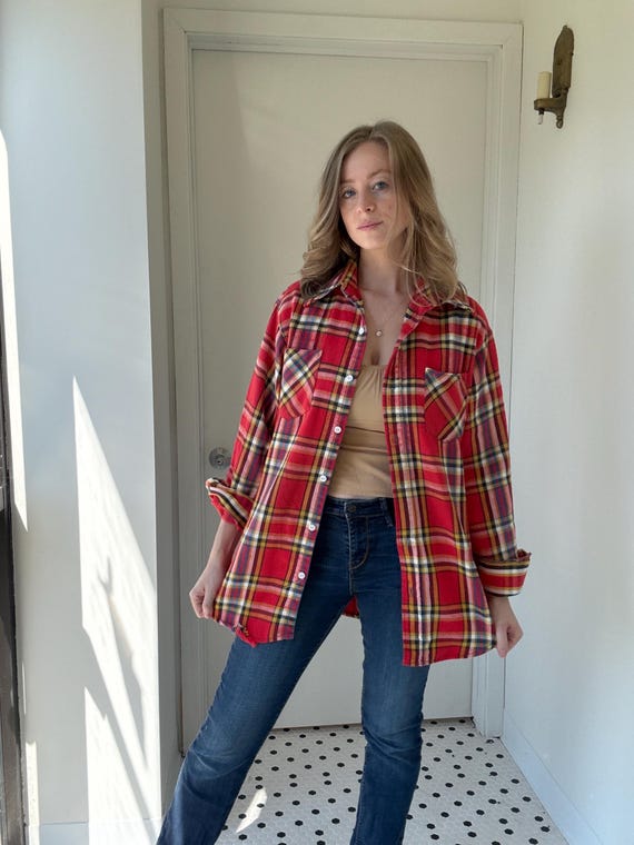 Vintage 1970's Red Plaid Flannel Shirt by Big Mac, Size Medium