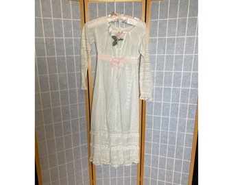 Vintage antique early 1900’s sheer white long sleeve dress with pink flowers, petit xs