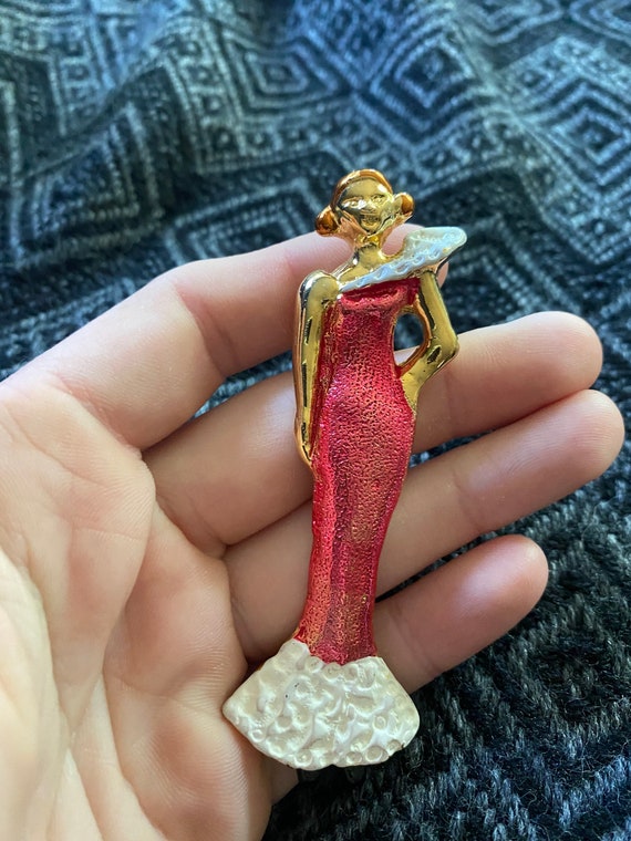 Vintage 1980’s standing woman in red dress brooch… - image 6