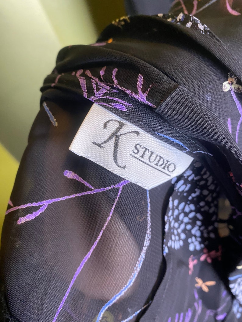 Vintage 1990s Black K Studio Dress With Sheer Black and Purple Floral