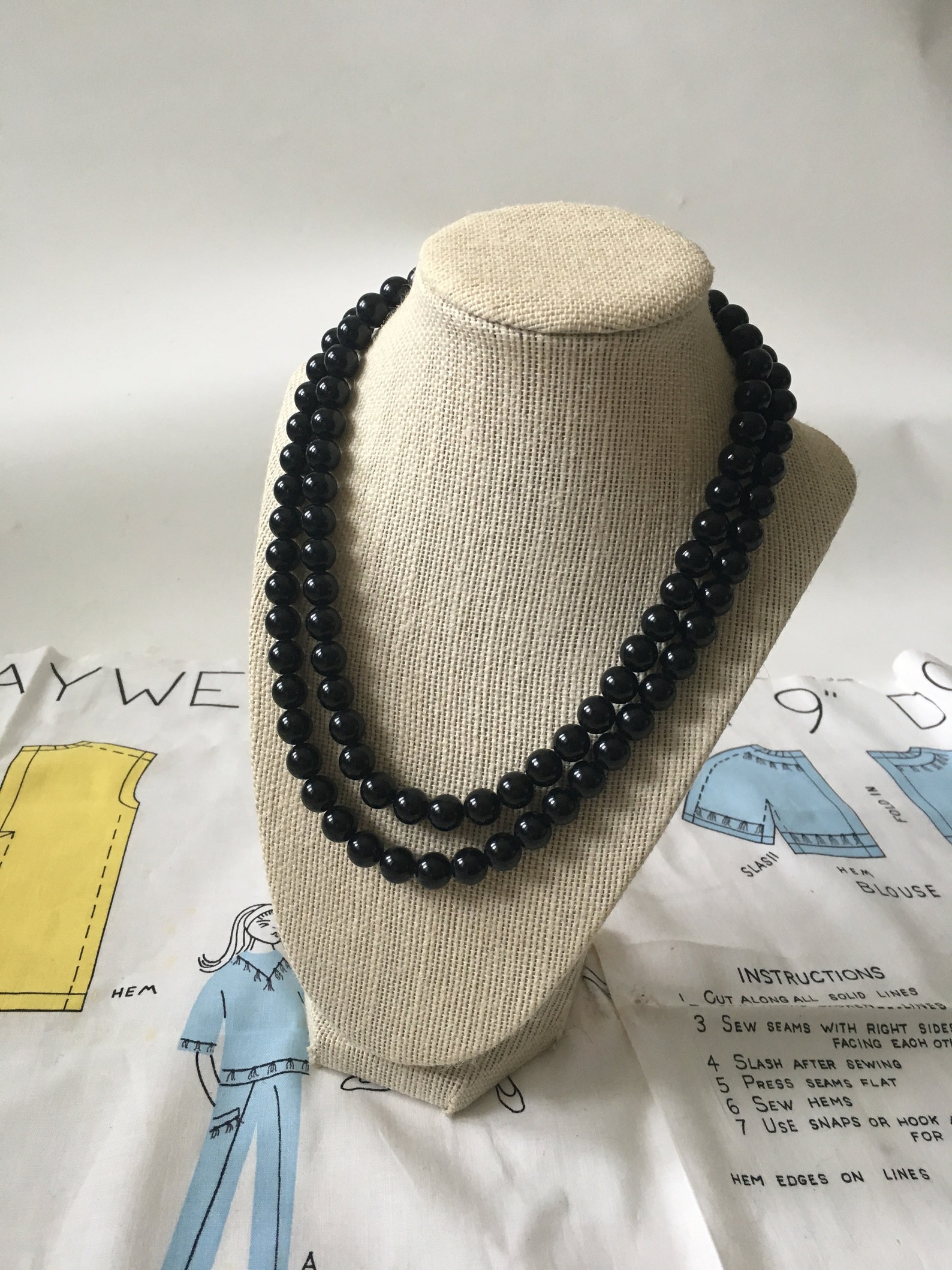 Vintage Black Two String Bead Necklace With Large White and Etsy