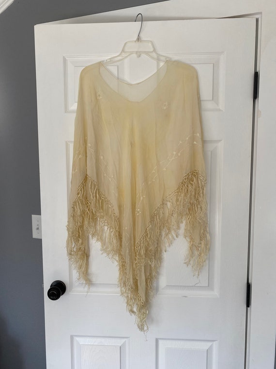 Vintage antique 1920’s sheer cream fringe shawl b… - image 1