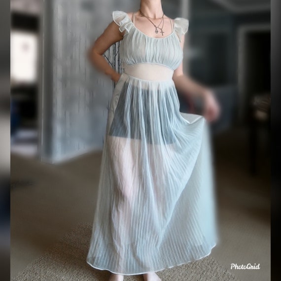 Vintage 1940's Light Blue Sheer Nylon Ruffle Long