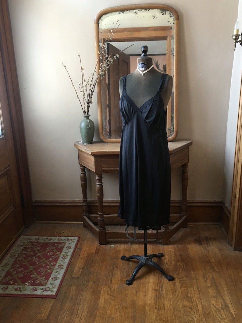 large Size medium Vintage Black Nylon Long Slip Dress