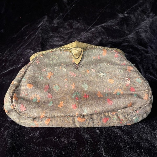 Vintage 1930s light brown patterned clutch purse with satin lining and art deco closure