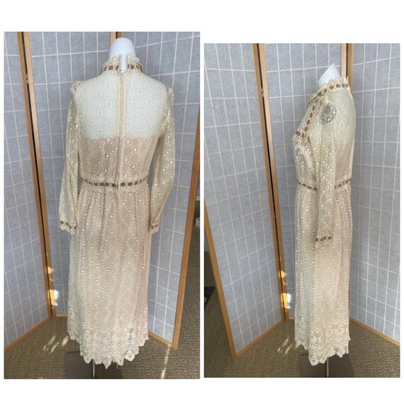 Vintage 1970’s cream eyelet lace sheer dress with… - image 7