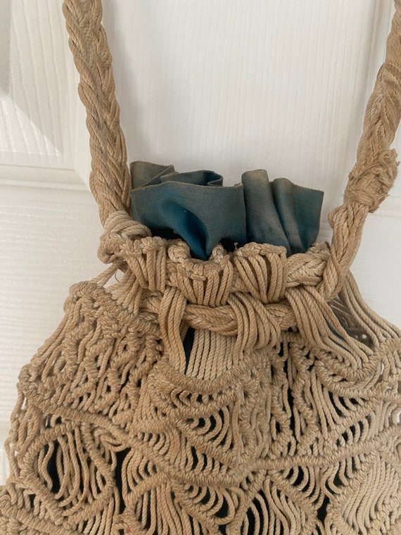 Vintage antique 1920’s drawstring beige purse wit… - image 3