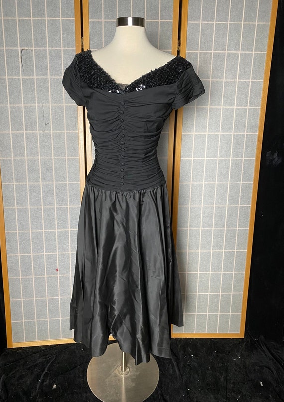 Vintage 1950’s black gathered dress with buttons … - image 1