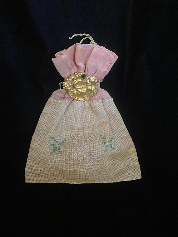 Vintage antique 1910s pink drawstring pouch bag w… - image 2