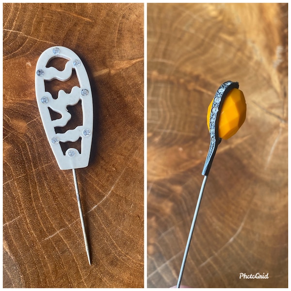 Vintage antique celluloid hat pin, orange and white