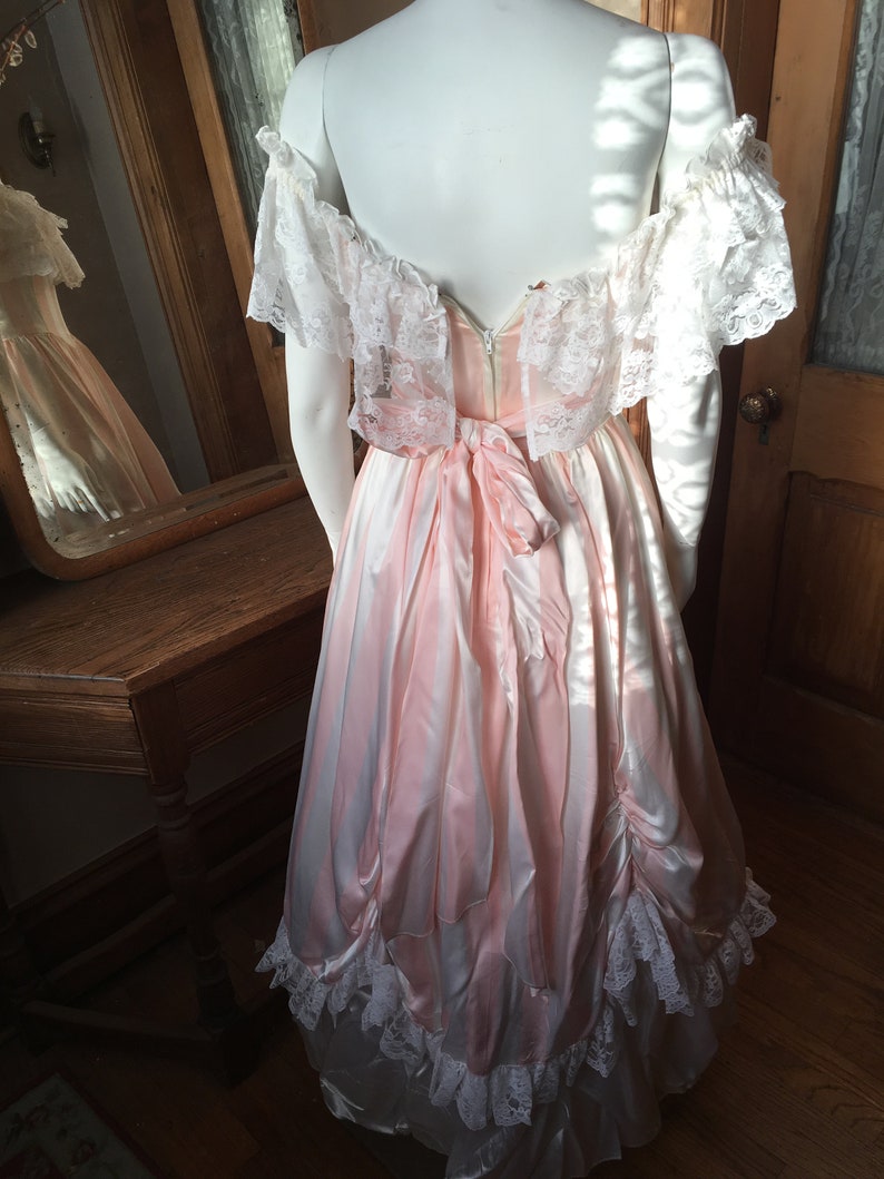 Size XS Vintage 1980/'s Pink and White Striped Gunne Sax Formal Tulle Party Dress with Lace and Bows