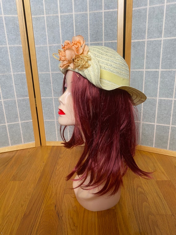 Vintage 1940’s cream yellow straw sun hat with ye… - image 3