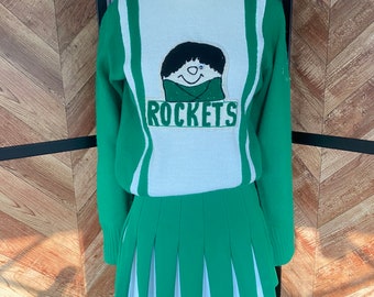 Vintage 1970er Jahre Kleeblatt grün-weiße Cheerleader Uniform, Rockets, Größe small