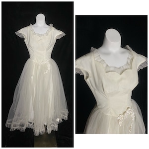 Vintage 1950’s tea length silk taffeta wedding gown and scalloped neckline, size xs