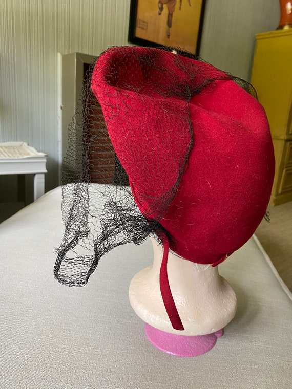 Vintage Antique Red Tall Full Hat With Veil, Halo hat Gem