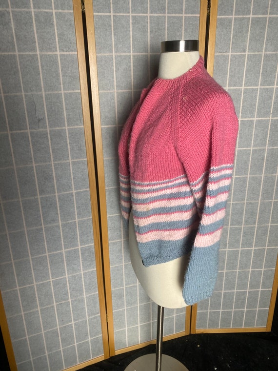 Vintage 1950’s pink and gray stripe hand knit car… - image 4