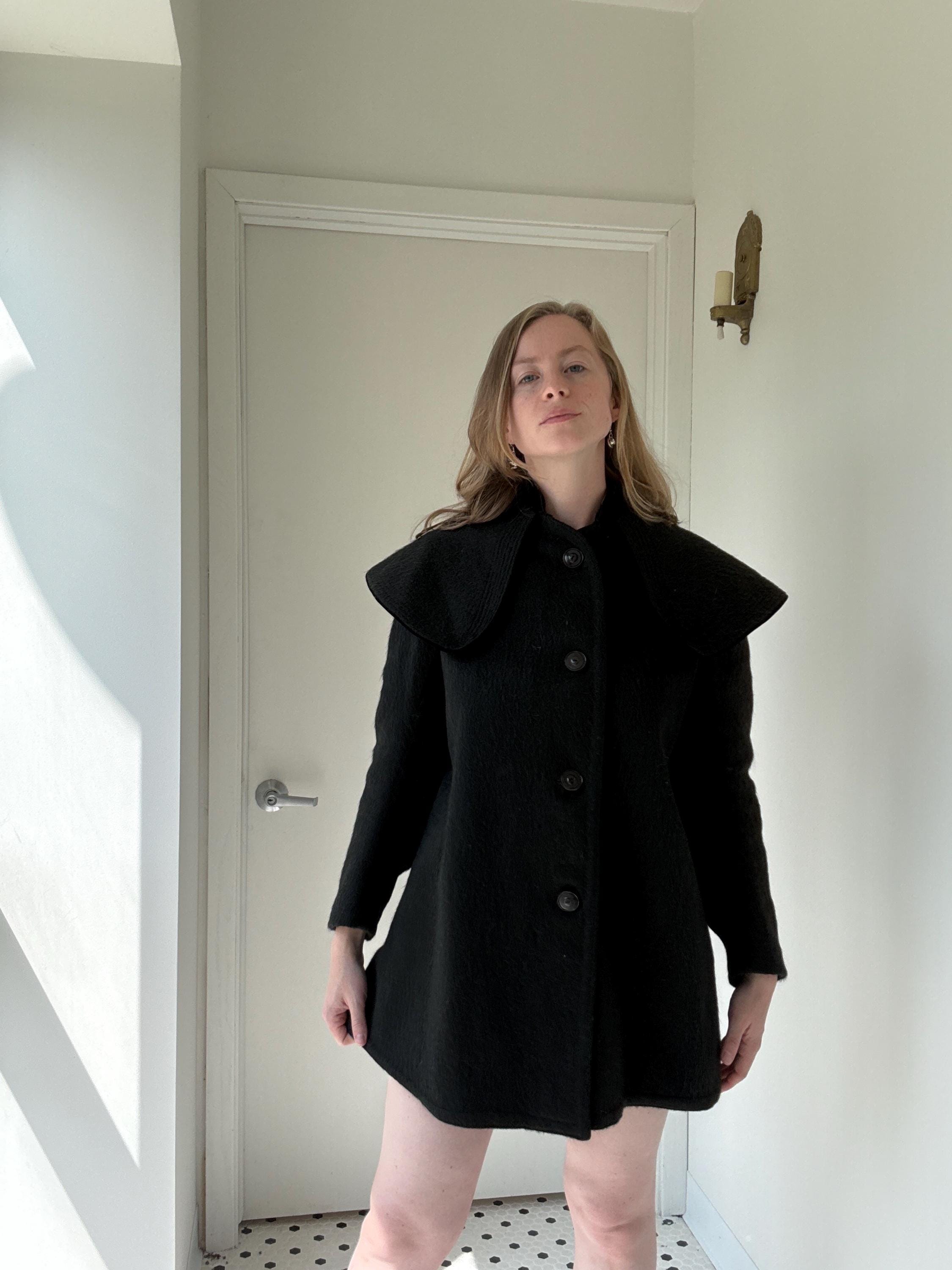 Antique late 1800's black wool cape coat with dramatic collar, size small