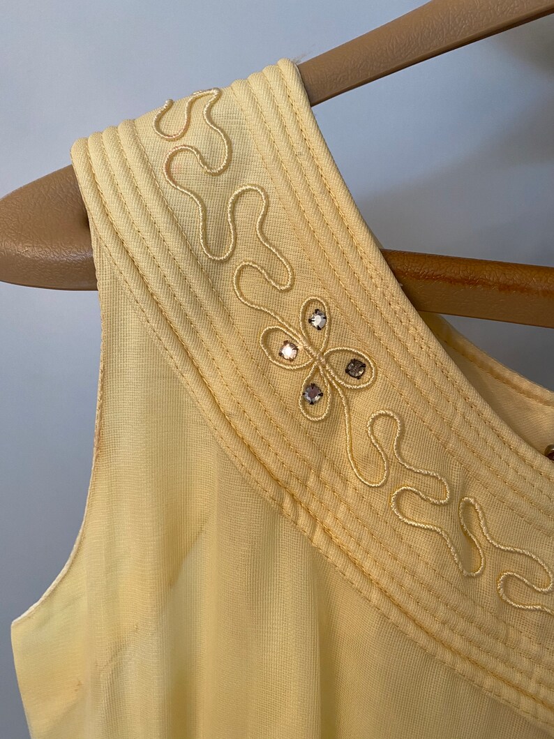 Vintage 1950's Butter Yellow Chiffon and Whinestone Dress, Size XS image 3