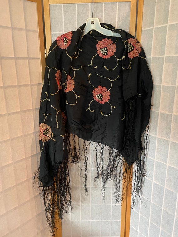 Antique 1920's black silk scarf Piano shawl with … - image 1