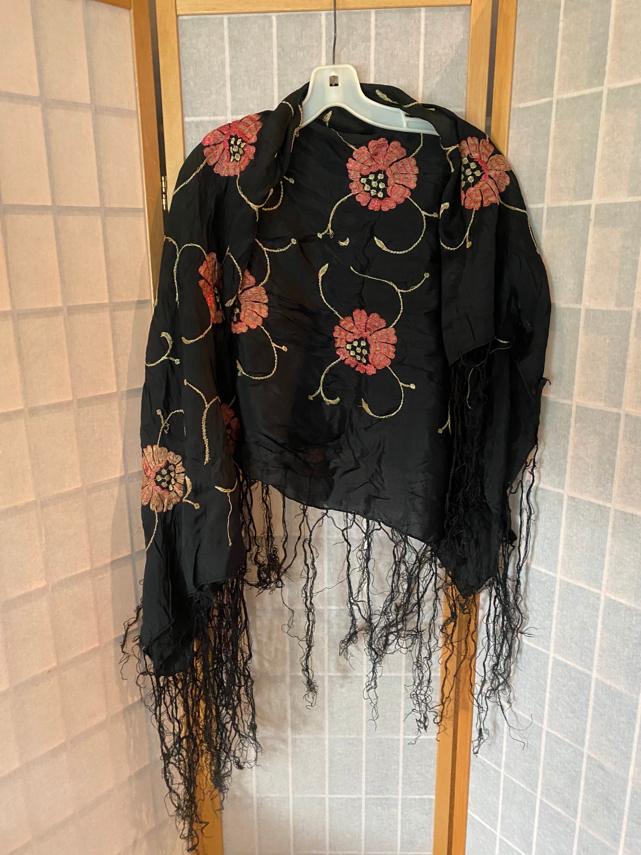 Antique 1920's black silk scarf Piano shawl with red embroidered flowers and fringe