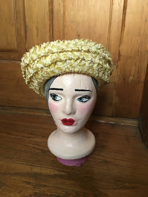 Vintage 1960 Tall Beige Yellow Woven Straw Hat - image 1