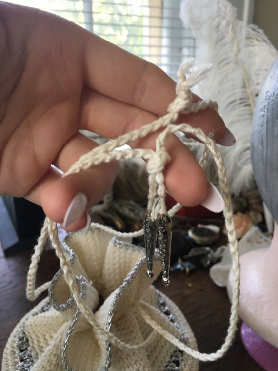 Vintage 1970's White Knit Crochet Round Drawstrin… - image 3