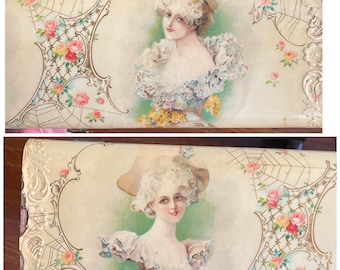 Antique celluloid top sewing and notions box with red carnations