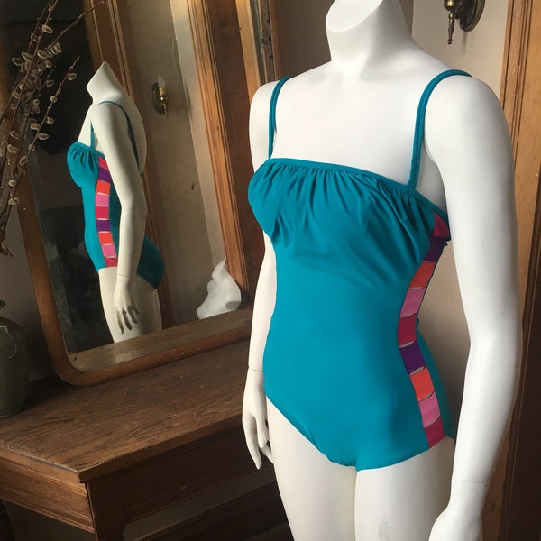 Vintage 1980's Sirena Teal Blue with Pink and Red Open Sides one piece swim suit, Size small, medium