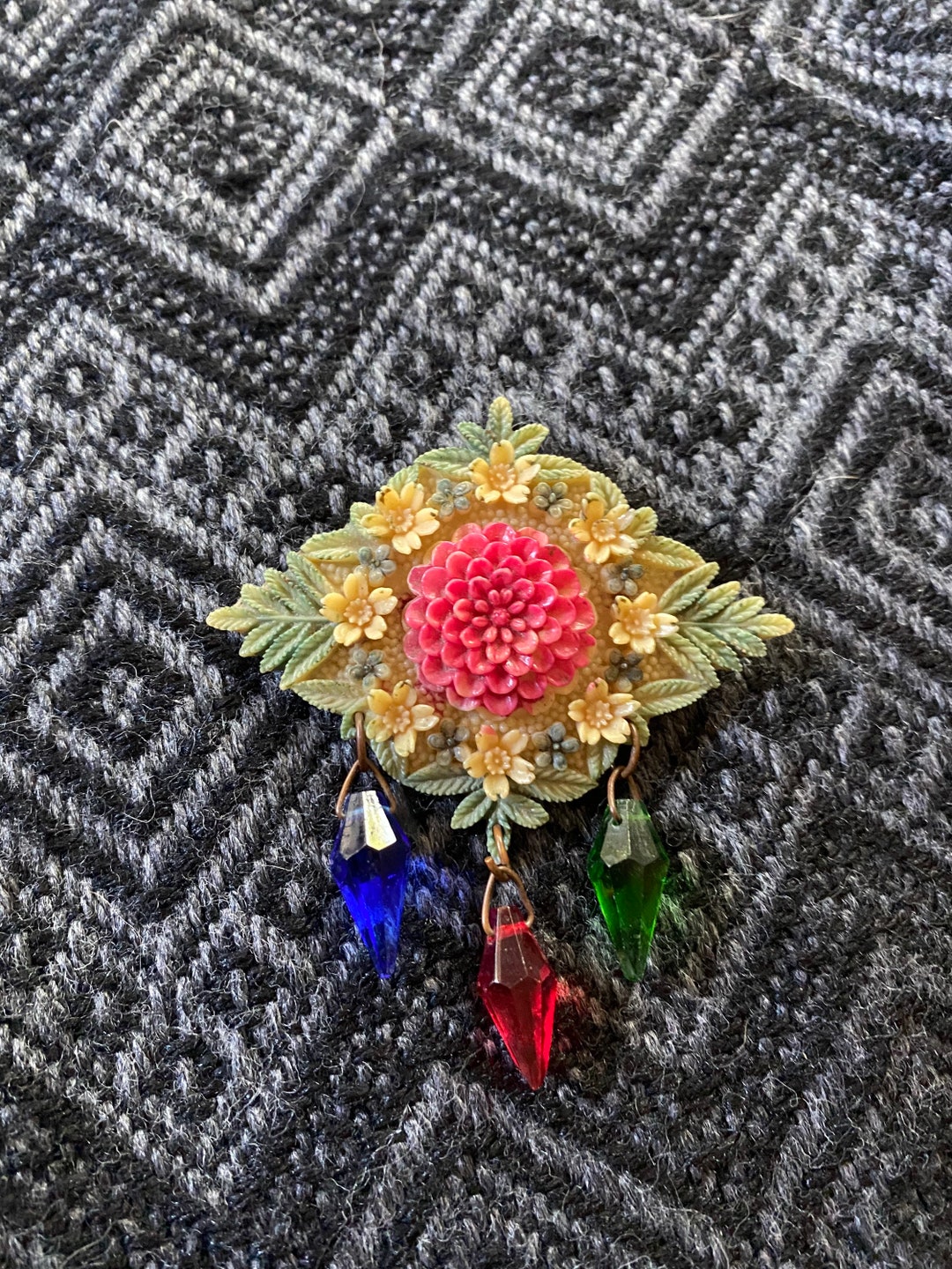 Broche Vintage Celluloïd Fausse écaille (années 1930) - Strass Rose Et Motifs Fleuris