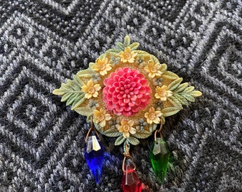 Vintage antique 1930’s celluloid floral brooch with hanging plastic gems