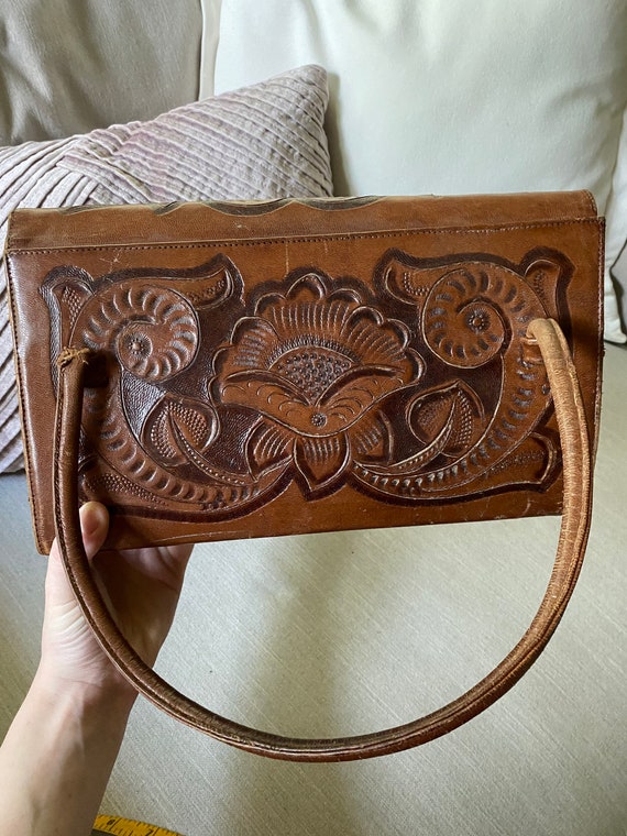 Vintage 1970's Tooled Leather Handbag - image 3