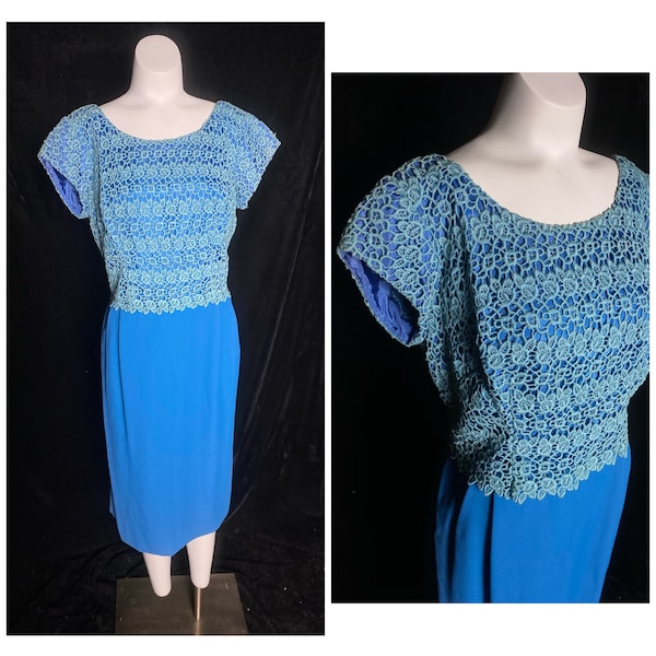 Vintage early 1960’s two tone blue wiggle dress with eyelets, size large