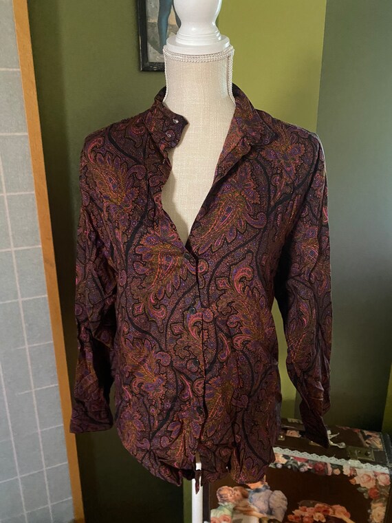 Vintage 1980’s purple paisley long sleeve blouse,… - image 2