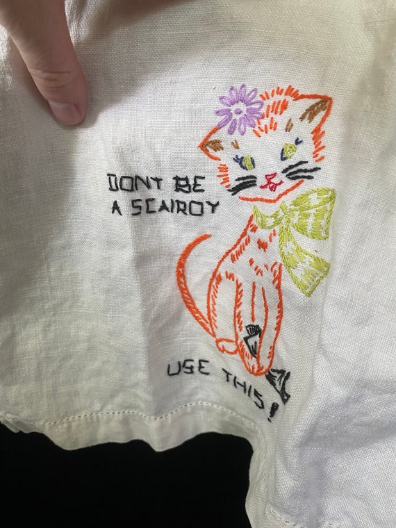 use this! dont be a scaredy cat Vintage 1950’s white embroidered tea towel