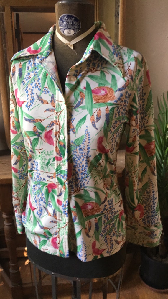 Vintage 1970's Tropical Polyester Long-Sleeve Blo… - image 1