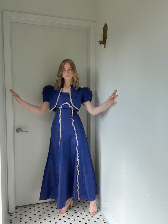 Vintage 1940's Blue Formal Gown With Matching Bolero and Bows and Lace, Size Xs - Etsy Israel Vintage 1940's Blue Formal Gown With Matching Bolero and Bows and Lace, Size Xs - Etsy Israel