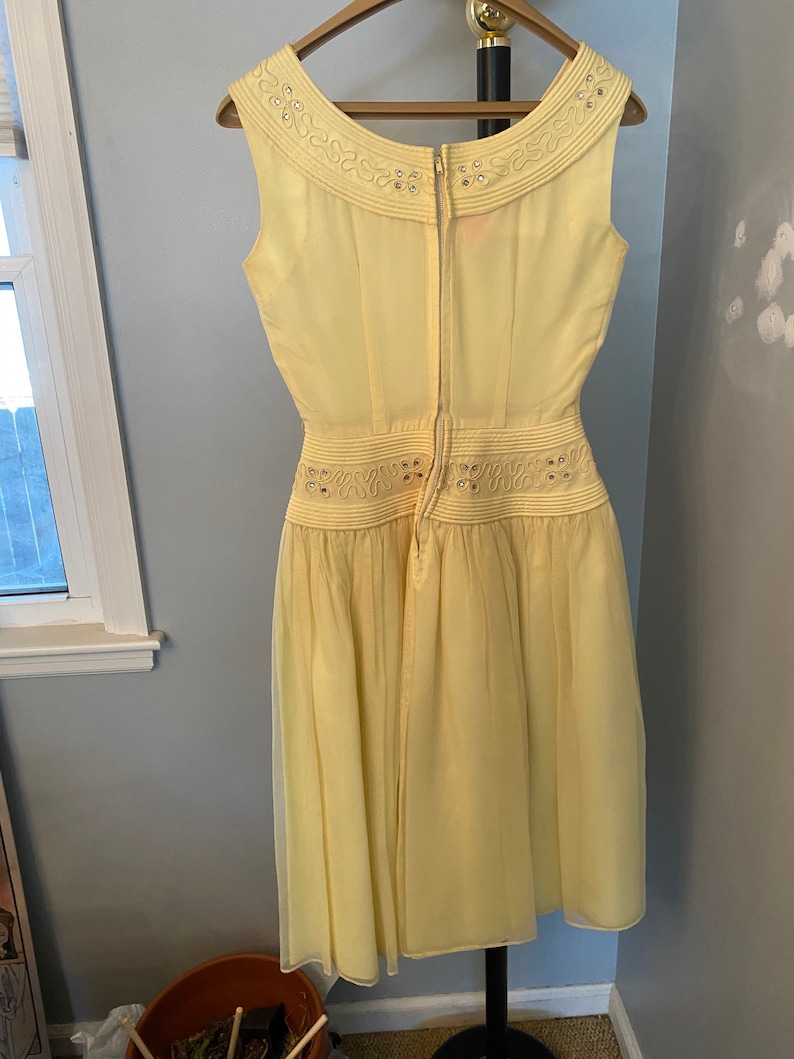 Vintage 1950's Butter Yellow Chiffon and Whinestone Dress, Size XS image 5