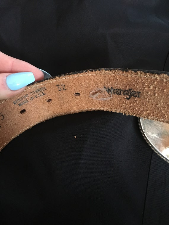 Vintage Wrangler Brown Leather Belt with Green De… - image 4