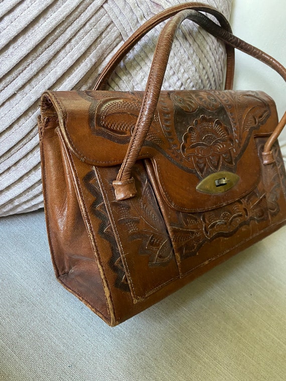 Vintage 1970's Tooled Leather Handbag - image 2