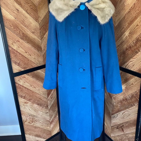 Vintage 1960’s blue coat with gray mink fur collar, size medium