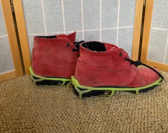 Vintage 1970’s red suede Norm Thompson ankle boots with lime green ice walking attachments, women’s size 7.5 size 8