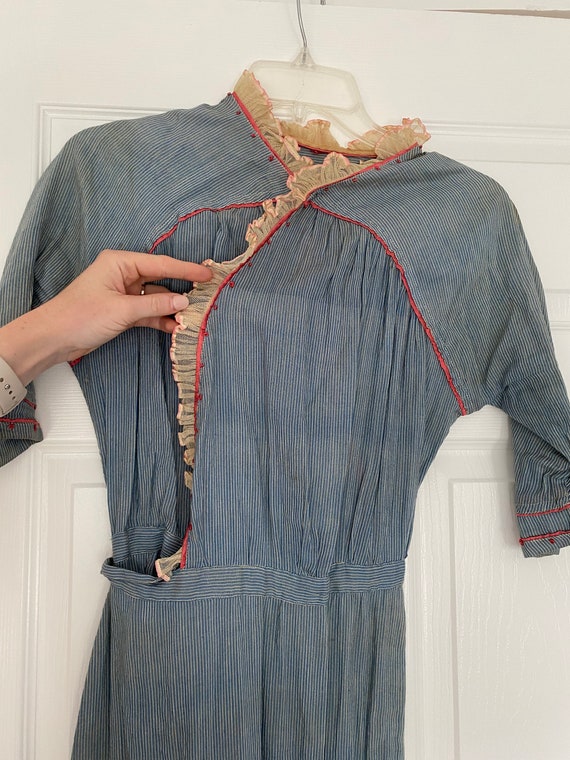 Antique 1900s blue and white hickory stripe dress… - image 2