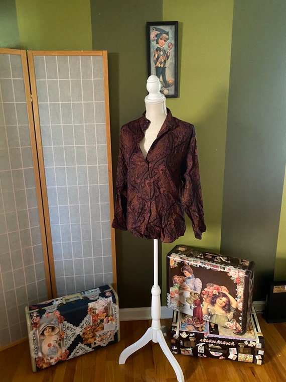Vintage 1980’s purple paisley long sleeve blouse,… - image 1
