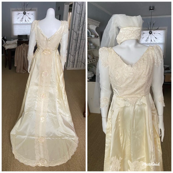 Vintage 1980’s satin bridal gown with veil, size s