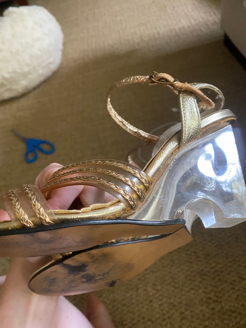 Fanfares Vintage 1970\u2019s Gold Metallic High Heel Shoes with Clear Lucite Wedge Heels