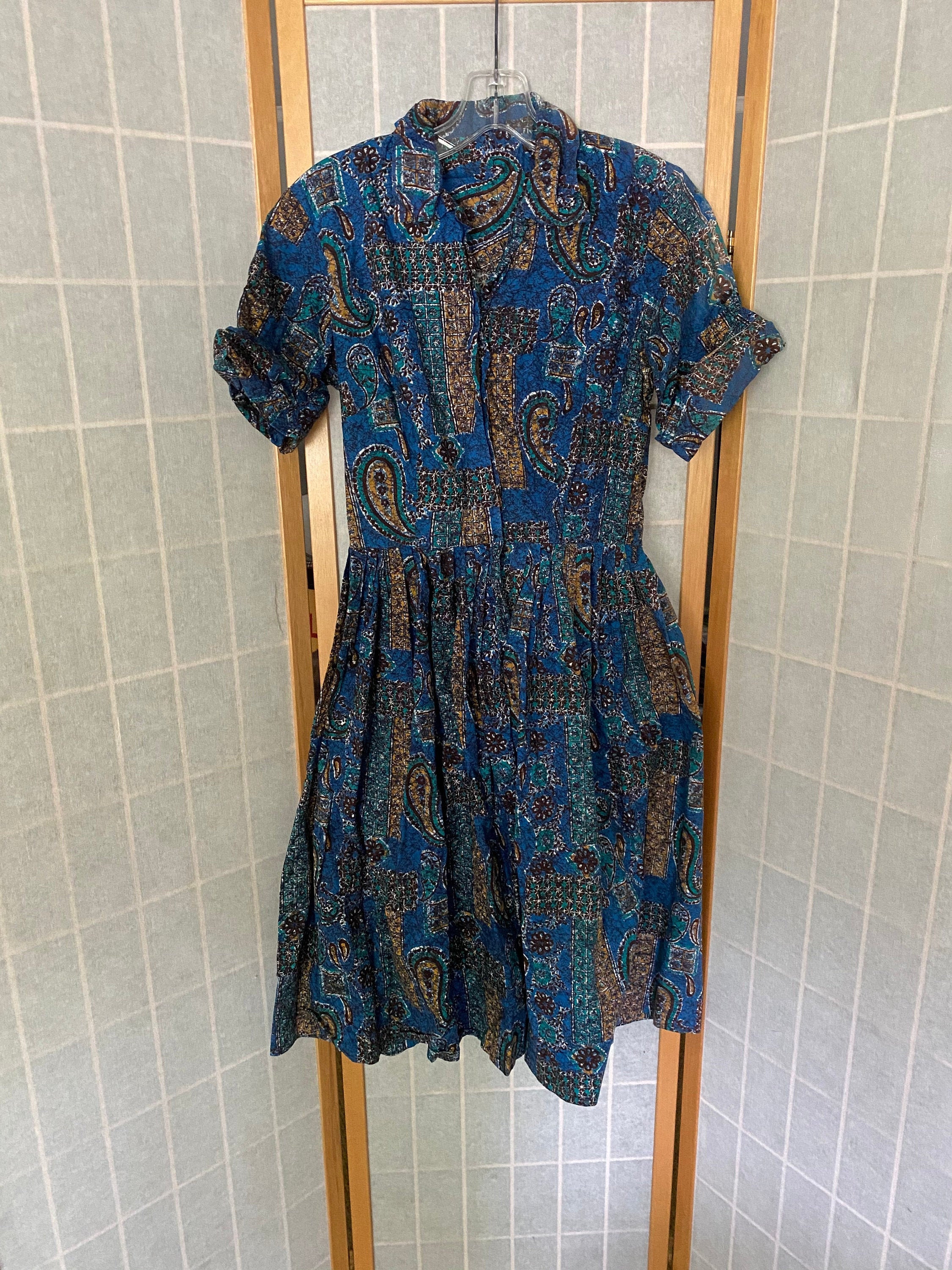 Vintage 1950's Batik Blue Green Yellow Paisley Cotton - Etsy