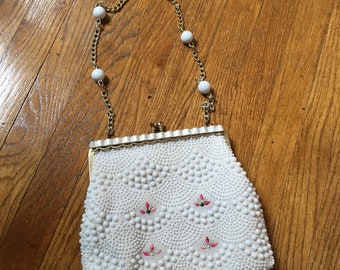 Vintage 1980's White Beaded Unique Purse, Handbag with Pink Flowers