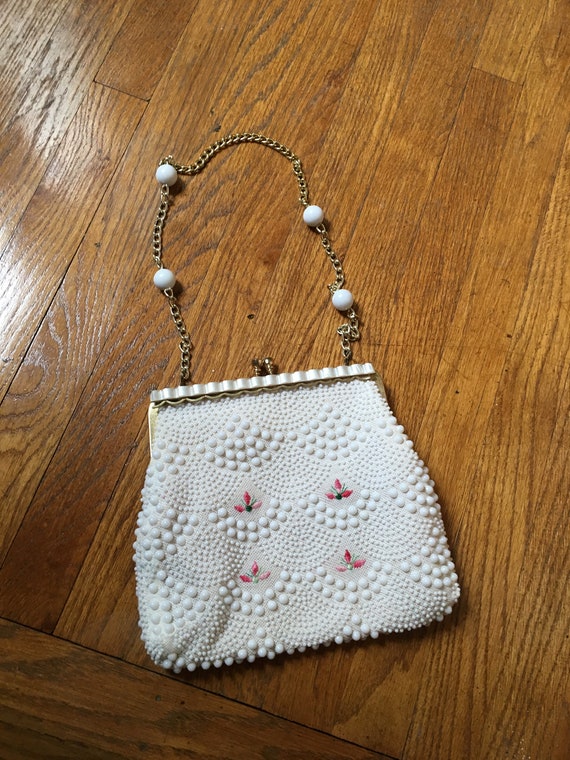 Vintage 1980's White Beaded Unique Purse, Handbag 